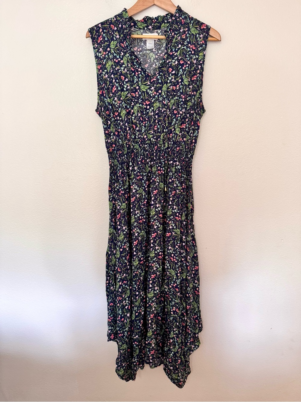 Apricot Floral Tie Neck Maxi Dress Handkerchief Hem Viscose US 8